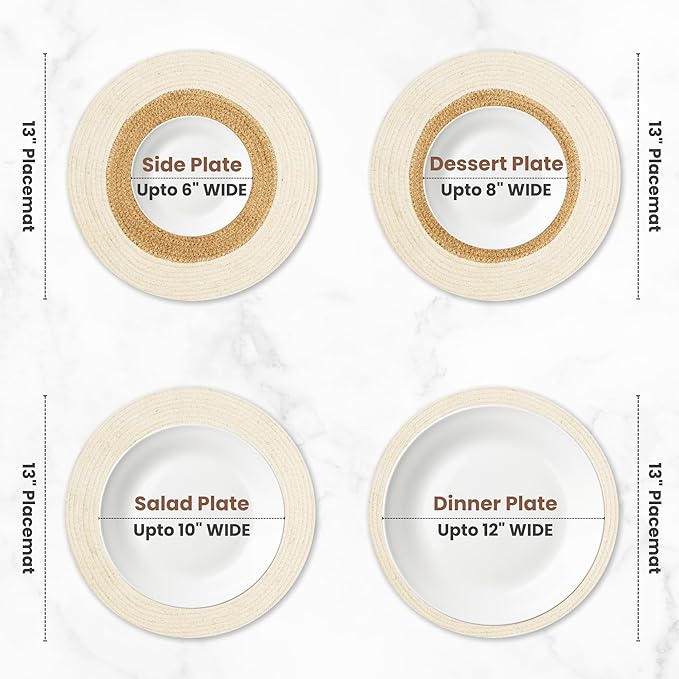 Eco Crave Jute Round Placemats Set of 8 – Hand Woven Natural Beige Jute with White Rim, 13 Inch Farmhouse Rustic Dining Drawstring Table Mats, Wicker Heat Resistant Durable Eco-Friendly Table Decor