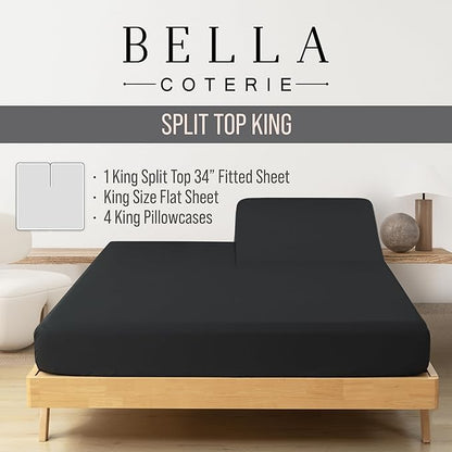 Bella Coterie 6 Piece Luxury Bamboo Viscose Split Top King Size Sheet Set | 34" Split for Adjustable Beds | 100% Organically Grown| Cooling | 18” Deep Pocket | 4 Pillowcases [Black]