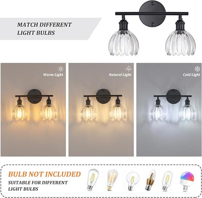 Bathroom Light Fixtures, 2-Light Black Vanity Wall Light Over Mirror with Clear Tulip Glass Shade for Bedroom Living Room (Bulb Not Included)