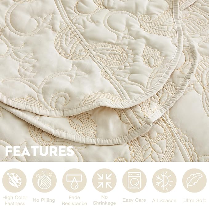 HZ & HY Oversized King Bedspread 138x122 Extra Wide, Quilted Coverlet Bedding Set, Lightweight Thin Comforter, Reversible, Luxurious, 5 Piece, 100% Microfiber, California/Alaskan King, Ivory Yellow