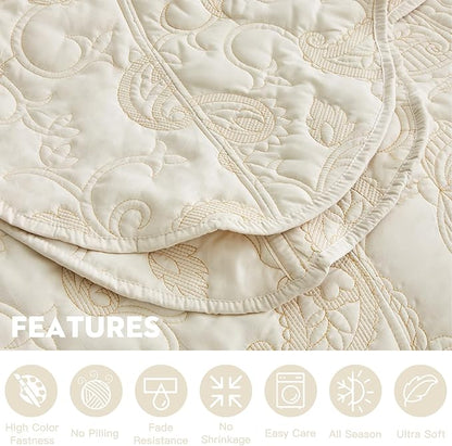 HZ & HY Oversized King Bedspread 138x122 Extra Wide, Quilted Coverlet Bedding Set, Lightweight Thin Comforter, Reversible, Luxurious, 5 Piece, 100% Microfiber, California/Alaskan King, Ivory Yellow