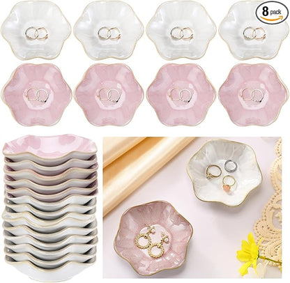 8 Pcs Ceramic Trinket Dish Lotus Leaf Jewelry Tray Small Ring Dish for Earrings, Rings, Jewelry Holder, Key Bowl(White,Pink)