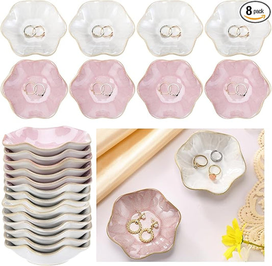 8 Pcs Ceramic Trinket Dish Lotus Leaf Jewelry Tray Small Ring Dish for Earrings, Rings, Jewelry Holder, Key Bowl(White,Pink)