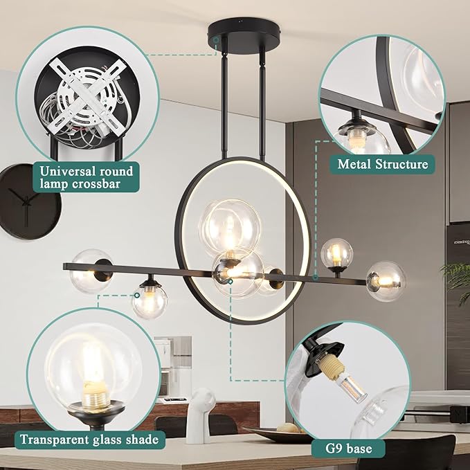 Modern 7 Light Dining Room Chandelier,37.4" Black Dimmable Linear Pendant Lights with Globe Glass Shade,Minimalist Island Light for Dining Room, Office, Kitchen