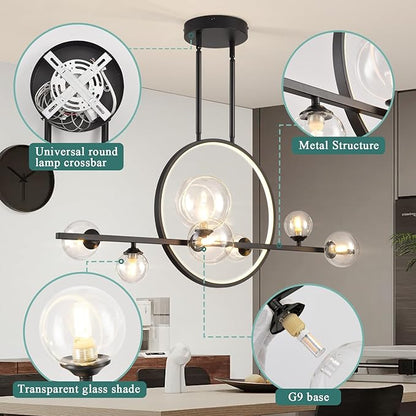 Modern 7 Light Dining Room Chandelier,37.4" Black Dimmable Linear Pendant Lights with Globe Glass Shade,Minimalist Island Light for Dining Room, Office, Kitchen