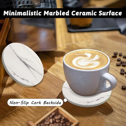 Coaster Set of 4, Drink Coasters with Holder, Absorbent Ceramic Coasters for Dining Table, 4 Inch Round Coasters Set for Drinks, Cup Coaster for Home Decor, Housewarming Gift, (R&A)