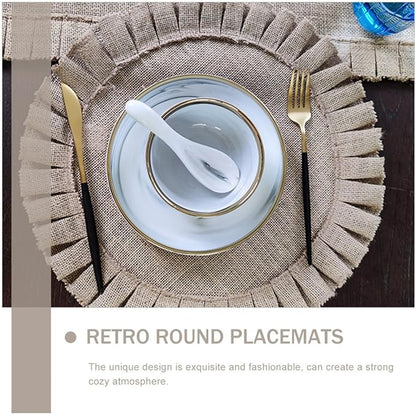 2Pcs Round Woven Jute Placemats with Ruffled Edges Retro Rustic Insulated Table Mats Non-Slip Decorative Place Mats for Dining Kitchen Parties and Restaurants