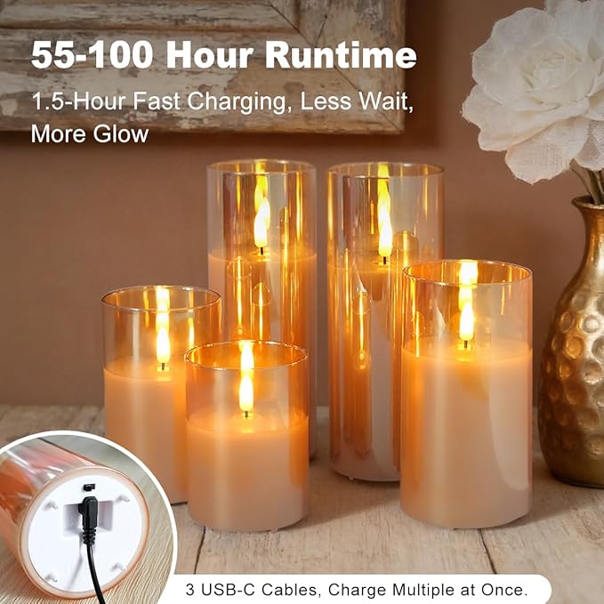Rechargeable Flameless Candle, Flashing LED Pillar Real Wax Candle with Remote Control and Timer, Gold Glass Electronic Candle, 1 Set of 5（Gold）