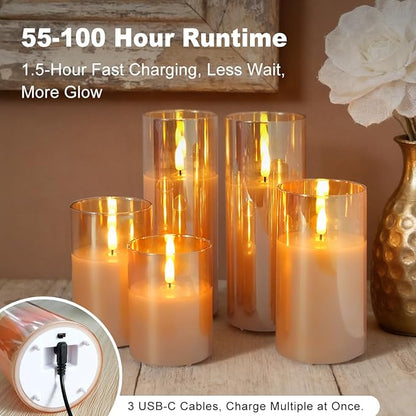 Rechargeable Flameless Candle, Flashing LED Pillar Real Wax Candle with Remote Control and Timer, Gold Glass Electronic Candle, 1 Set of 5（Gold）