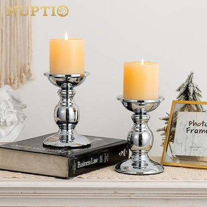 Nuptio Silver Pillar Candle Holders, Wedding Centerpieces Metal Candle Holder for 3inches Candles Stand Decoration Ideal for Weddings Special Events Parties Living Room, 2 Pcs