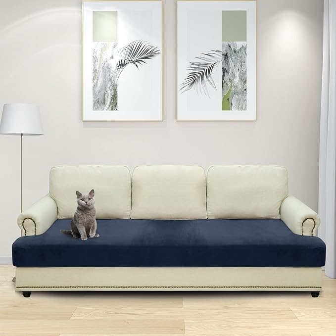 MAXIJIN Velvet Stretch Couch Cushion Covers Soft Sofa Cushion Cover Replacement Sofa Seat Cushion Slipcovers Furniture Protector with Elastic Bottom (1 Piece Sofa Cushion Cover, Navy Blue)