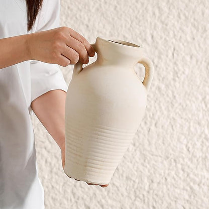 White Ceramic Rustic Flower Vase, 10.83 Inch Pottery Modern Vase for Shelf, Tabletop, Vintage Farmhouse Home Decor for Coffee Table, Living Room, Mantle, Fireplace, Entryway