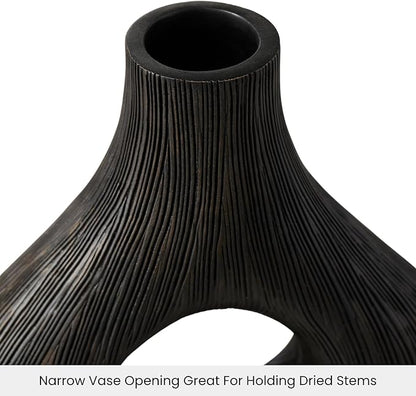 Torre & Tagus Black Donut Vase for Flowers - 9 Inch Tall Textured Vases for Centerpieces, Sculptures Home Decor & Abstract Sculptures Home Decor for Shelf Decor Aesthetic (Alma Black Flower Vase)