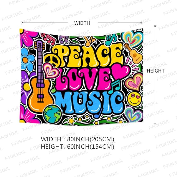 F-FUN SOUL Peace Love Tapestry Groovy Tapestry, 80x60inches, 70s Music Tapestries Psychedelic Art Tapestries Wall Hanging for Bedroom Living Room Decor Banner