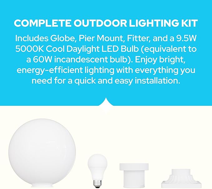 KASTLITE 12" Globe Pier Mount Outdoor Lighting with LED Lamp | UV & Waterproof Pillar & Column Lights | Deck Driveway Yard Patio & Garden Fixture | Made in USA | White Cover, White Decorated Base
