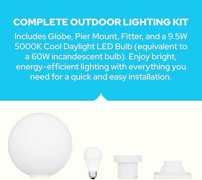 KASTLITE 12" Globe Pier Mount Outdoor Lighting with LED Lamp | UV & Waterproof Pillar & Column Lights | Deck Driveway Yard Patio & Garden Fixture | Made in USA | White Cover, White Decorated Base