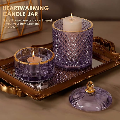 Candy Dish Glass Cookie Jar with Lid Candy Bowl for Office Desk Decor, Apothecary Jars Purple Bathroom Accessories Cute Room Decor Aesthetic, Q Tip Holder Decorative Glass Jewelry Box (20oz)