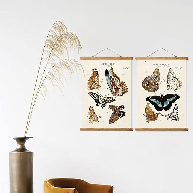 Vintage Butterfly Hanging Posters, Retro Style of Wall Art Prints, Printed on Linen with Wood Frames, Ready to Hang