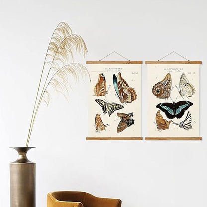 Vintage Butterfly Hanging Posters, Retro Style of Wall Art Prints, Printed on Linen with Wood Frames, Ready to Hang