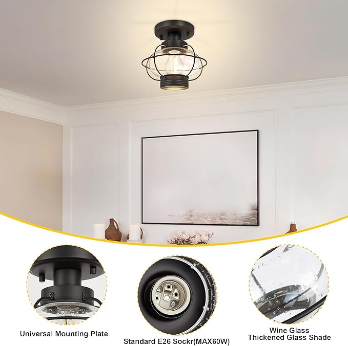 Kalium Outdoor Flush Mount Ceiling Light Fixture with Glass Globe Shade, E26 Standard Base Industrial Farmhouse Lamp for Porch Indoor Dining Room Kitchen Hallway Bedroom Balcony Stairway