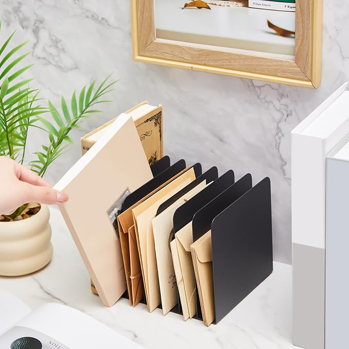 Suzile Metal Desktop File Organizer, 7 Compartments, Vertical File Sorter, Black, 5.79" W x 7.09" L x 5.41" H, Office, Reception Areas, Workspace
