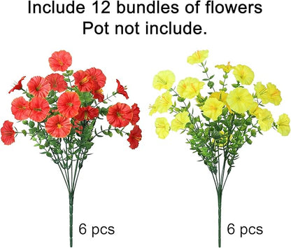 HyeFlora Artificial Flowers for Outdoors Fake Plants Outside Decoration, 12 Bundles Silk Colorful Morning Glory with Eucalyptus UV Resistant Realistic Faux Flowers for Planter Porch Patio Yard Garden