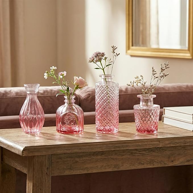 12 Pack Pink Glass Bud Vase Set, Small Vintage Vases for Centerpieces, Decorative Flower Vases for Wedding Home Table Decor