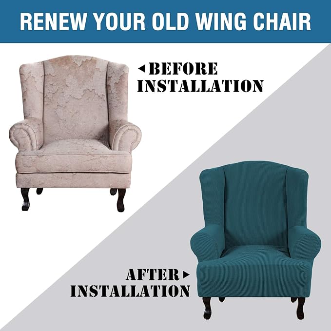 H.VERSAILTEX Wing Chair Slipcover Chair Covers for Wingback Chairs Wingback Chair Covers Slipcovers 1 Piece Stretch Sofa Cover Furniture Protector Soft Spandex Jacquard Checked Pattern, Deep Teal