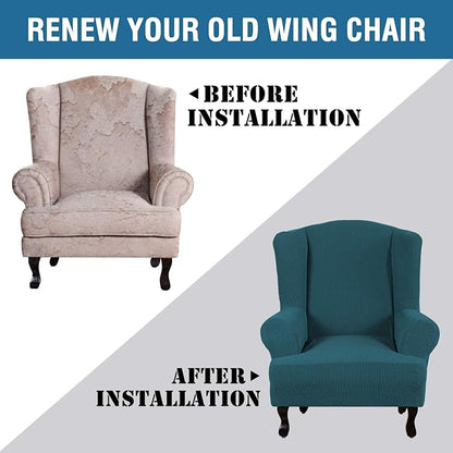 H.VERSAILTEX Wing Chair Slipcover Chair Covers for Wingback Chairs Wingback Chair Covers Slipcovers 1 Piece Stretch Sofa Cover Furniture Protector Soft Spandex Jacquard Checked Pattern, Deep Teal