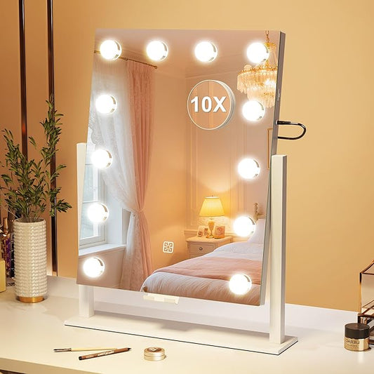S'bagno Vanity Mirror with Lights, 12 Dimmable LED Bulbs, Detachable 10X Magnifying Mirror, Touch Control, USB Rechargeable, Tabletop Hollywood Lighted Makeup Mirror for Dressing Table,16''x12''