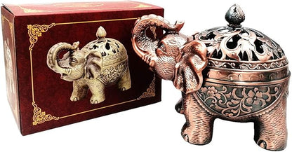 Hourwof Metal Elephant Incense Holder,Vintage Cone Coil Incense Burner with Lid,Ash Catcher,Aromatherapy Ornament Home Office Decor,Red Copper