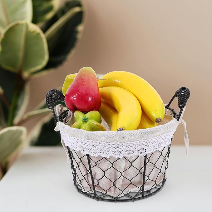 Wire Storage Basket with Fabric Liner and Handle round Iron Wire Fruit and Egg Basket for Kitchen and Table Organization for Home Storage