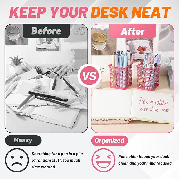Segarty Pen Cup Holder, 3 Pack Square Dark Pink Pen Holder for Desk, Cute Mesh Pencil Cups Container Set for Office Supply, School Classroom, Home Desktop Storgae and Organization, Brushes Organizer