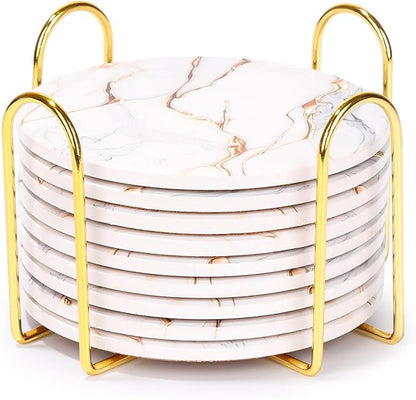 9 Pieces Ceramic Drink Coasters with Holder, Billbotk Absorbent Drink Coasters for Coffee Table, Marble Style Coasters Wooden Table, Suitable for Kinds of Cups, 4 Inches