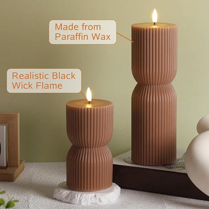 Brown Ribbed Flameless Pillar Candles with Remote, Real Wax Flickering Battery LED Candles Christmas Decor Gift Set of 2
