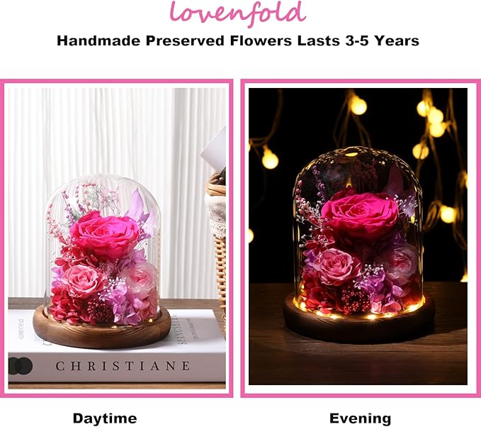 LOVENFOLD Flowers for Delivery Preserved Flowers with LED Light in a Glass Dome,Long Lasting Forever Roses Birthday Gifts for Women Daughter Mom Wife Friend（Reddish Rose）