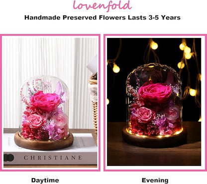 LOVENFOLD Flowers for Delivery Preserved Flowers with LED Light in a Glass Dome,Long Lasting Forever Roses Birthday Gifts for Women Daughter Mom Wife Friend（Reddish Rose）