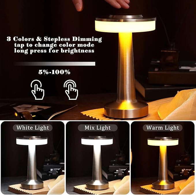 Riakrum 2 Pcs LED Portable Cordless Table Lamp with Touch Sensor 3 Color Stepless Dimming Rechargeable Battery up to 15 Hours Cordless Table Light Wireless Lamp for Nursery (Silver)