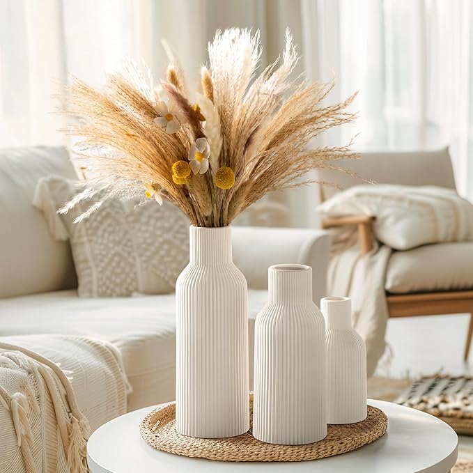 White Ceramic Vases Set of 3 - Modern Matte Ribbed Vases for Pampas Grass & Dried Flowers - Minimalist Decorative Centerpieces for Living Room, Shelf, Entryway & Wedding (Not for Water)