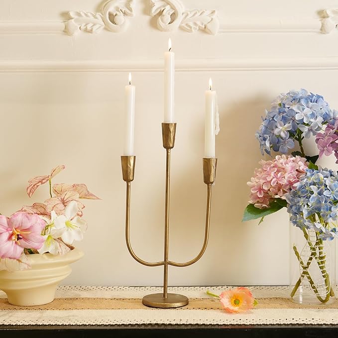 Cast Iron Candelabra for 3 Candles, Brass Candlestick Holder Vintage Taper Candle Holder Tall Antique Gold Candle Stand Table Centerpiece Mantlepiece Decor for Wedding Housewarming Christmas