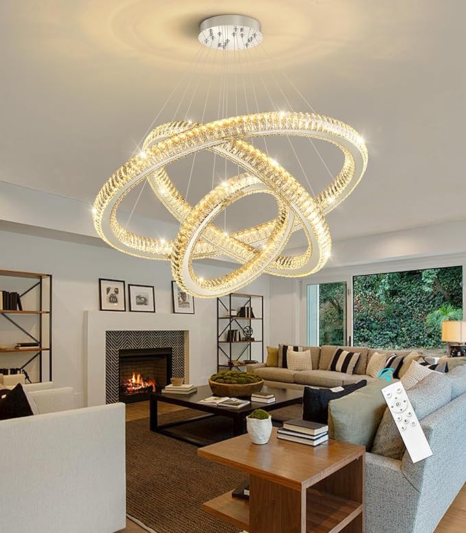 3 Rings Modern LED Chandelier Crystal Dimmable Large Foyer Chanderliers Entryway High Ceiling for Staircase Pendant Lights for Living Room Silver Light