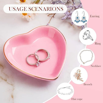 Shappy 12 Pcs Valentine Ceramic Jewelry Tray 4.5 in Pink Heart Ring Dish Trinket Gift for Women Birthdays Party Decoration