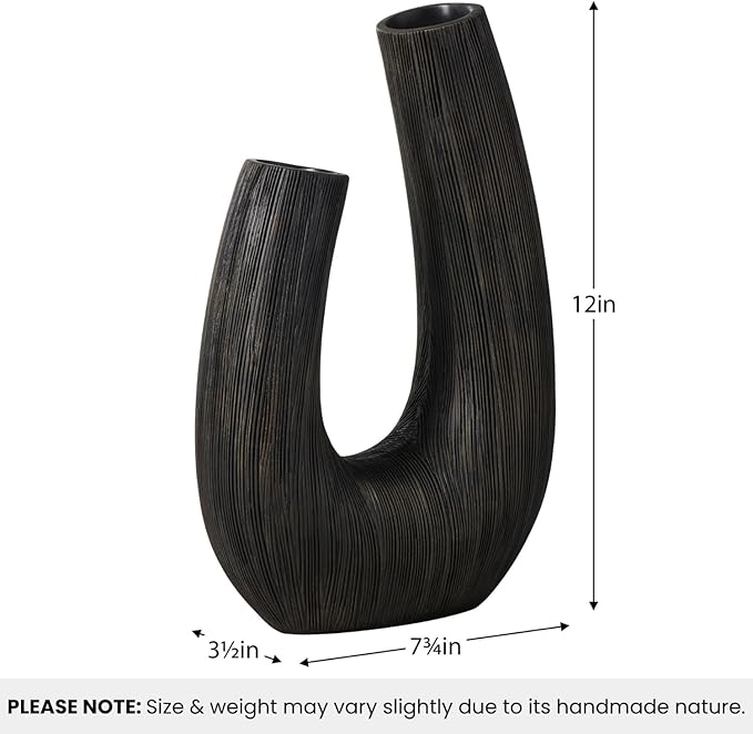 Torre & Tagus Black U Shaped Vase for Flowers - 12 Inch Tall Textured Vases for Centerpieces with 2 Openings, Sculptures Home Decor & Abstract Sculptures Home Decor for Shelf Decor Aesthetic (Alma)