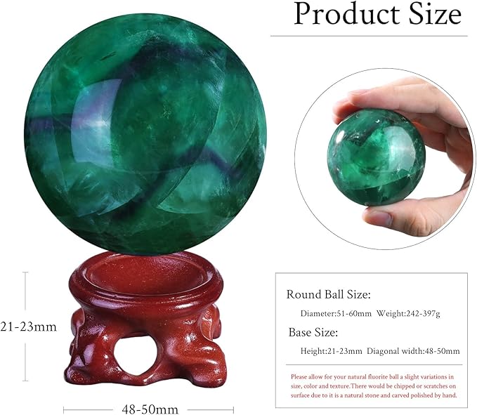 Sportmusies Natural Fluorite Stone Ball with Resin Base, Polished Fluorite Sphere Figurine Desk Home Reiki Healing Decoration, 2-2.36 inches