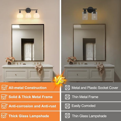 Bathroom Light Fixtures, 3-Light Black Vanity Wall Light Over Mirror with White Tulip Glass Shade for Bedroom Living Room (Bulb Not Included)