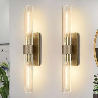 Wall Sconces Set of Two, Gold Bathroom Sconces Wall Lighting with Clear Glass, Modern Sconces Wall Decor Light Fixtures for Bathroom Mirror Living Room Hallway Bedroom