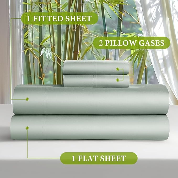 Shilucheng 100% Viscose Derived from Bamboo_ Sheets Cal King Size 4pcs - Ultra Cooling & Silky Soft Bed Sheets, 16" Deep Pocket, Perfect for Hot Sleepers, Hotel Bedding Sheets (Sea Glass)