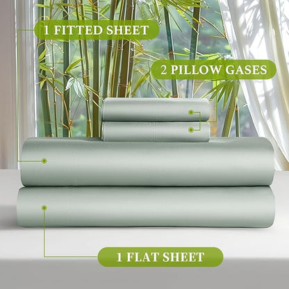 Shilucheng 100% Viscose Derived from Bamboo_ Sheets Full Size 4pcs - Ultra Cooling & Silky Soft Bed Sheets, 16" Deep Pocket, Perfect for Hot Sleepers, Hotel Bedding Sheets (Sea Glass)