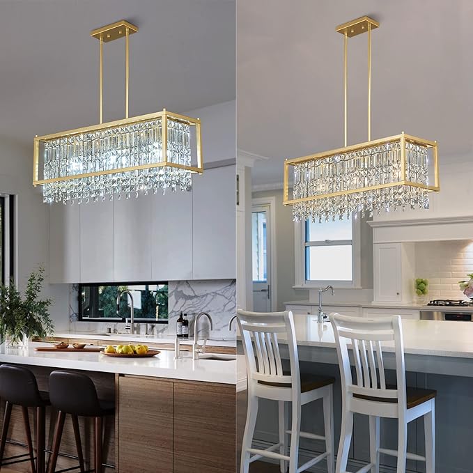 LMQNINE Modern Rectangle Chandelier for Dining Room, Gold Crystal Chandelier Linear Light Fixture, Farmhouse Chandeliers for Kitchen Island, Bar Table, L30.7'' x W9.84'' x H8.66''