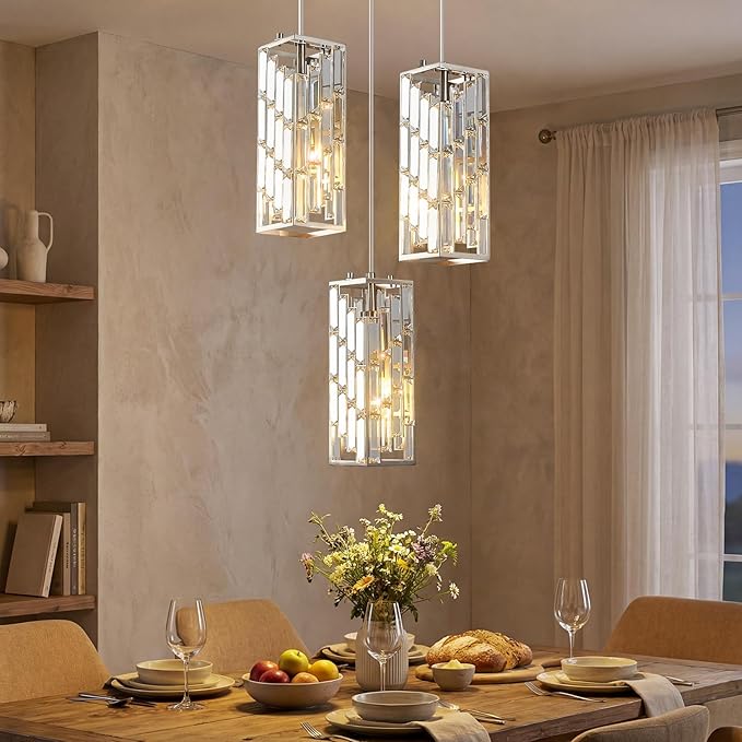 Brass Nickel Pendant Lighting Modern Pendant Light, Mini Crystal Chandeliers,Adjustable Pendant Light Fixture for Kitchen Island Dinning Room Bedroom (3 Light)